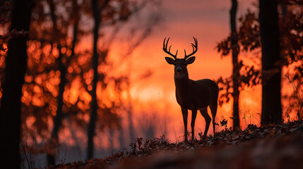 Silhouette of a whitetail buck at sunset during the fall, antlers sharply outlined against a glowing orange and red sky, standing still on a ridge with fallen leaves scattered around