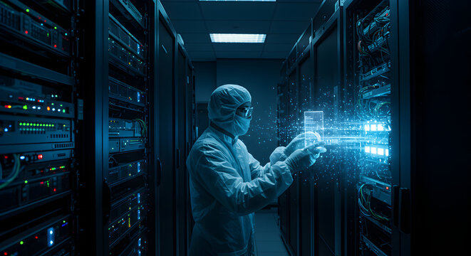 Technologist Working with Holographic Data in a Server Room