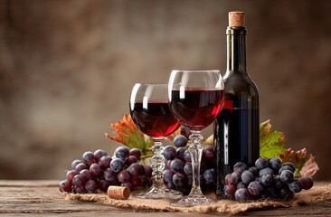Still life of red wine. Two stemmed glasses filled with dark red wine, a bottle of wine, and a bunch of red grapes on a rustic wooden surface