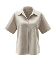 Beige linen button-down shirt with short sleeves and a collared neckline