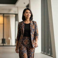 Elegant Indonesian Businesswoman in a Modern Batik Suit Walking in an Office Hallway