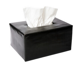 Black tissue box with white tissues isolated on transparent background