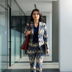 Confident Businesswoman in a Patterned Suit Walking in a Modern Office Hallway