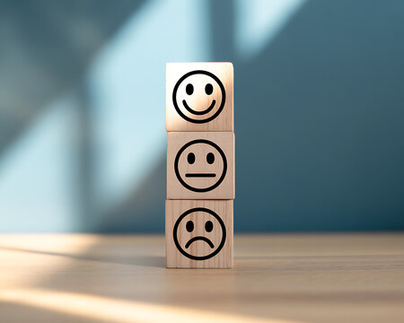 Three wooden blocks stacked vertically displaying different smiley face emotions - Powered by Adobe