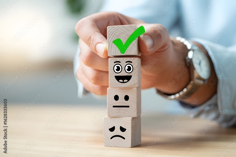 Poster hand stacking wooden blocks with different facial expressions from sad to happy topped with a green 