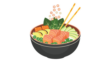 Illustration of a poke bowl with salmon avocado mango and spinach with chopsticks and caviar topping