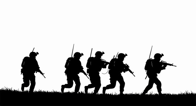 Silhouettes of a military patrol squad walking in formation with rifles and gear.