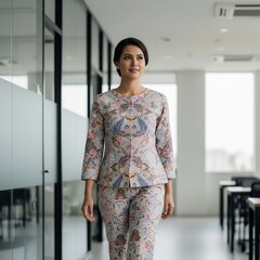 Elegant Indonesian Businesswoman in a Modern Batik Suit Walking in an Office Hallway