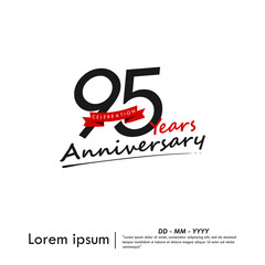 95th years anniversary celebration emblem. congratulations anniversary calligraphy logo isolated with red ribbon on white background. vector illustration template design for web banner