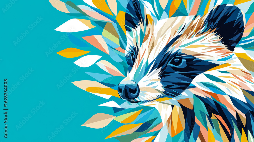 Poster vivid abstract raccoon portrait rendered in a dynamic geometric style with a kaleidoscope of multi-c