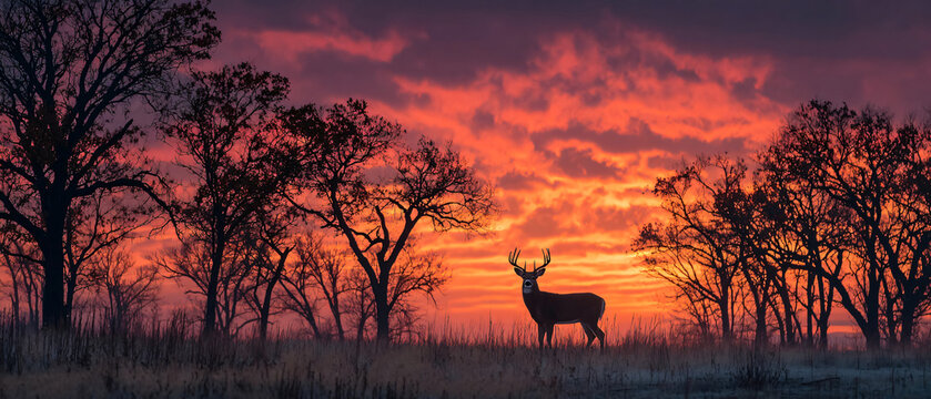 Dramatic fall landscape with a whitetail buck silhouetted against a glowing sky, vibrant sunset colors reflecting through the branches of bare trees, solitary figure in a quiet field.