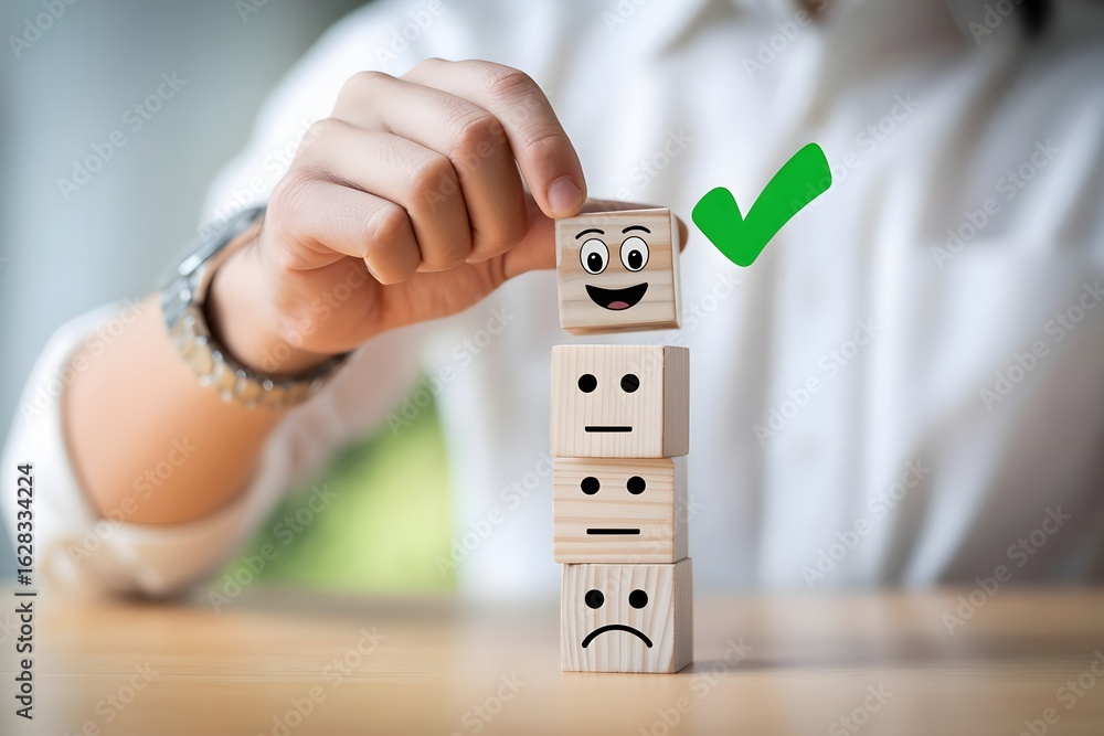 Poster person s hand stacking wooden blocks with different facial expressions from sad to happy with a gree