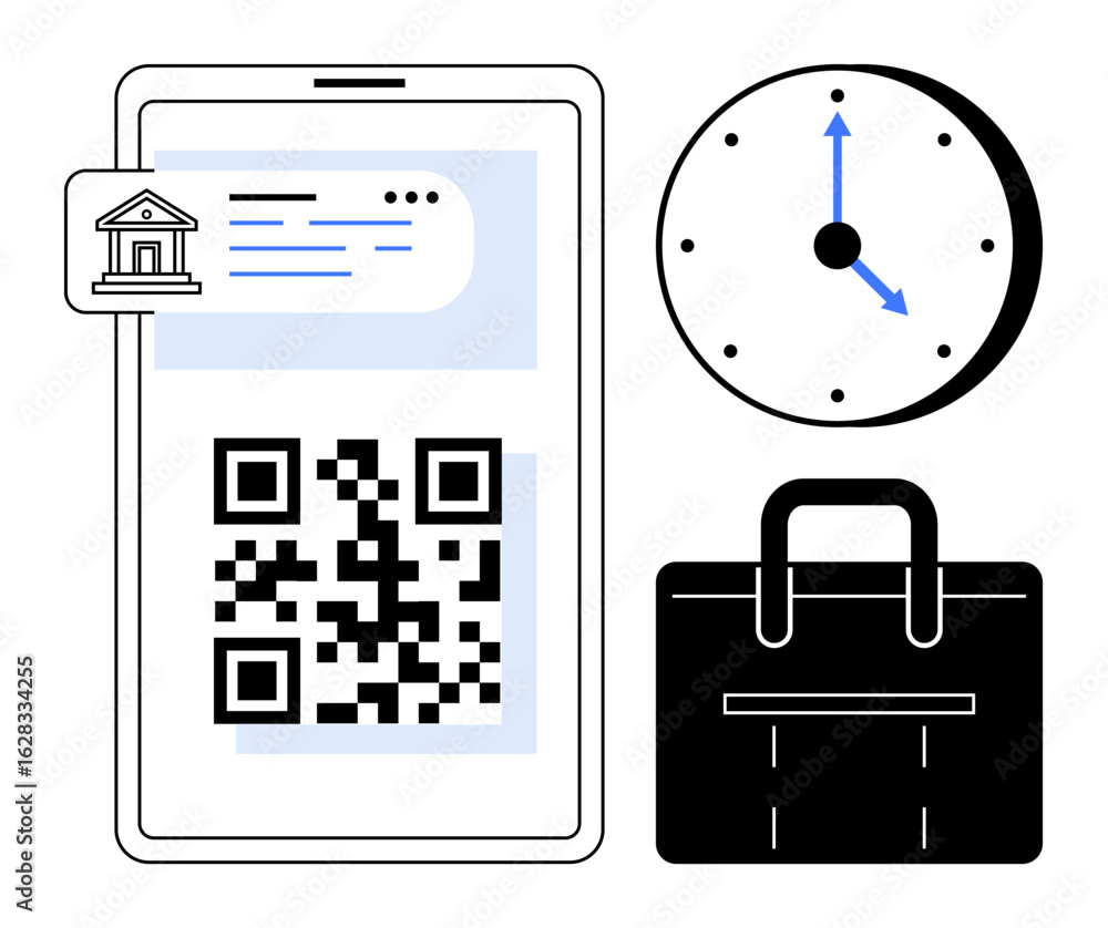 Aufkleber smartphone displaying qr code for banking, accompanied by a clock and briefcase. ideal for finance, 