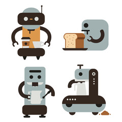 Flat vector illustration of coffee and bakery service robots
