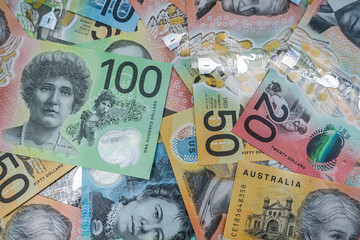Australian Dollar Banknotes Pile: Financial Growth, Investment Economic Prosperity Concept