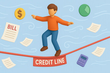 Man balancing on credit line tightrope with bills, calculator, and financial icons floating, symbolizing financial risk and money management challenge