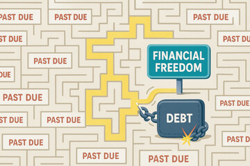 Financial freedom concept with maze path leading away from debt and past due bills, symbolizing escape from financial burden and stress relief