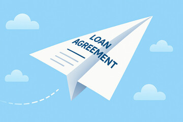 Loan agreement paper airplane flying in blue sky with clouds, symbolizing financial contract, business deal, and loan approval concept in simple flat design style
