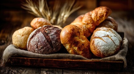 Assorted loaves of bread on a rustic wooden tray