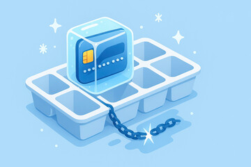 Frozen credit card in ice cube tray with broken chain symbolizing financial freedom and breaking free from debt or restrictions in cool blue setting