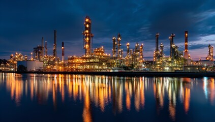 Fototapeta premium Industrial Oil Refinery at Night with Reflections on Water and Glowing Machinery