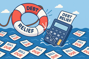 Debt relief concept with life buoy and calculator chained floating on water surrounded by overdue bills, symbolizing financial assistance and burden reduction