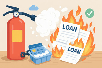 Loan documents burning in fire being extinguished by fire extinguisher with credit card in basket symbolizing debt relief and financial help concept