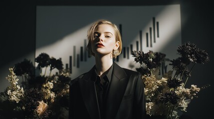 Personification of flowers. A female model in a black suit stands before graphs and charts. Photographic illustration. A photo depicting the hardships of a demanding workplace. AI-generated.