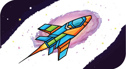 Cartoon spaceship flying through a colorful galaxy with twinkling stars