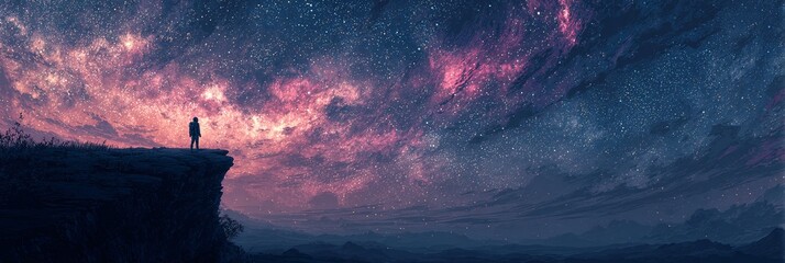 小惑星の崖の上で星々を眺める孤独な宇宙飛行士