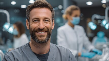 Smiling Male Dentist with Team, Modern Dental Clinic