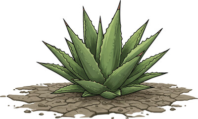 Fototapeta premium Green Agave Plant Illustration on Cracked Earth Background succulent desert