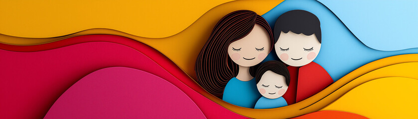 Joyful paper art family colorful abstract layered design background mother father children