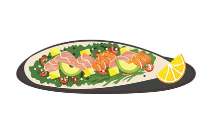 A platter of fresh salad with avocado, mango, sliced meat, herbs and a lemon wedge on the side