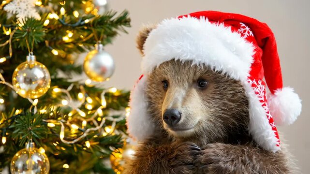 Bear cub in ushanka celebrating New Year