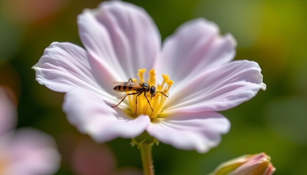 a bee resting atop a pink flower amidst a garden filled with such flowers, suggesting a serene and thriving outdoor environment.