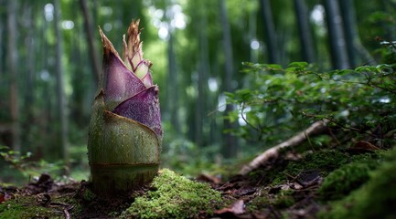 Close-up of a vibrant bamboo shoot emerging from forest floor