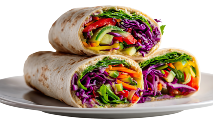 Colorful veggie wraps with hummus filling stacked on transparent background

