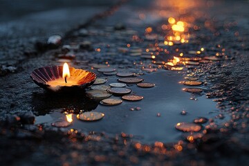 Candle in seashell, coins in puddle at night