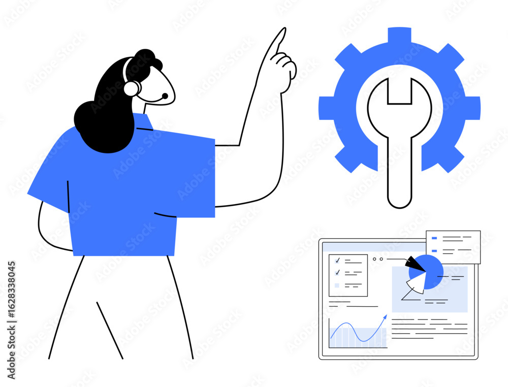 Poster woman pointing at a gear icon with a wrench and a data analysis dashboard featuring graphs and chart
