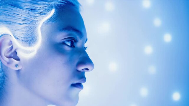 Futuristic concept of artificial intelligence and human consciousness with glowing neural pathways on a person's profile against a blue background.