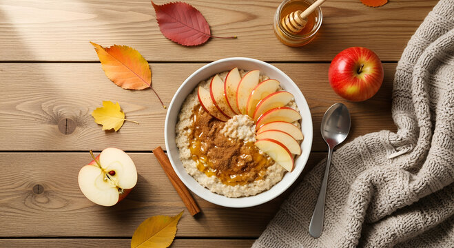 Autumn breakfast flat lay with oatmeal, sliced apples, cinnamon and honey on wooden table in cozy natural daylight.