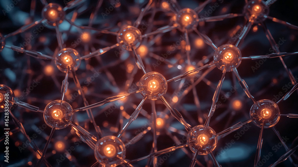 Poster close-up of an abstract neural network with glowing orange nodes connection technology