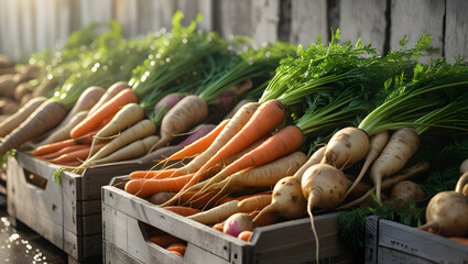Freshly harvested carrots, parsnips, and turnips displayed in wooden crates at an outdoor market, illuminated by soft sunlight.