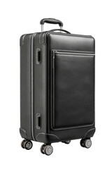 Dark gray hard-shell travel suitcase with leather accents and wheels