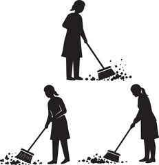 Children sweeping the floor in a silhouette