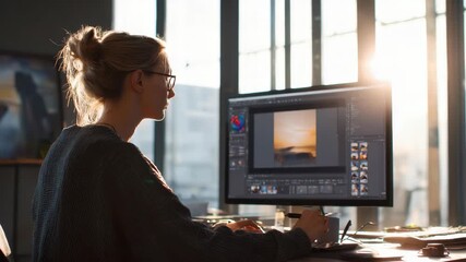 A woman with blonde hair in a bun works intently on a desktop computer editing an image with a pen tablet with bright sunlight streaming in from a window