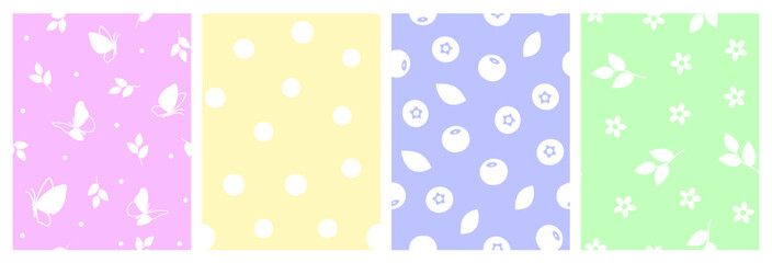 Floral seamless patterns set, collection. White silhouettes of flowers, berries, leaves, butterfly on a color background. Seamless patterns under clipping mask, convenient for editing.