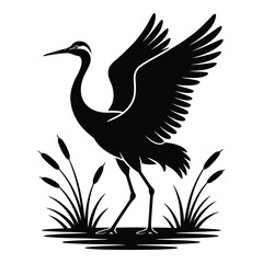 Naklejka premium Elegant Silhouette of a Crane in Wetland Habitat with Reeds and Spreading Wings Symbolizing Nature and Wildlife