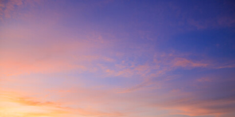Sky Summer Sunset Background with Nature Light and clouds on Colorful Orange Pink and Blue Fantasy Sunrise Sky, Beautiful Horizon Dusk Sky in the